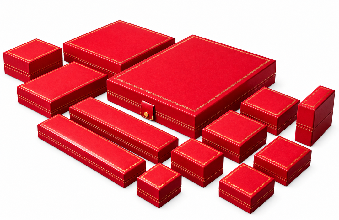 Classic Leatherette Collection featuring red jewellery boxes with gold foil detailing and various sizes.