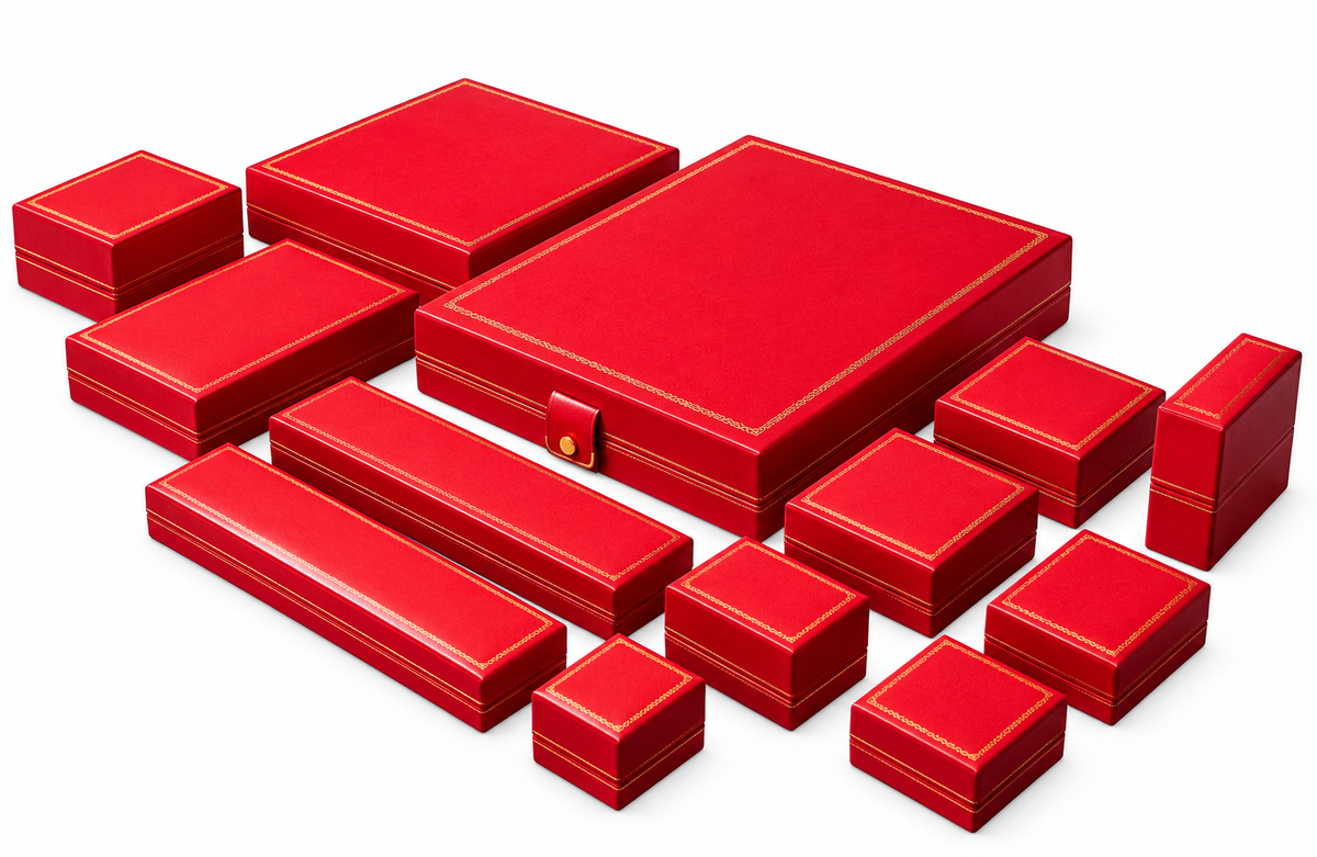 Classic Leatherette Collection featuring red jewellery boxes with gold foil detailing and various sizes.