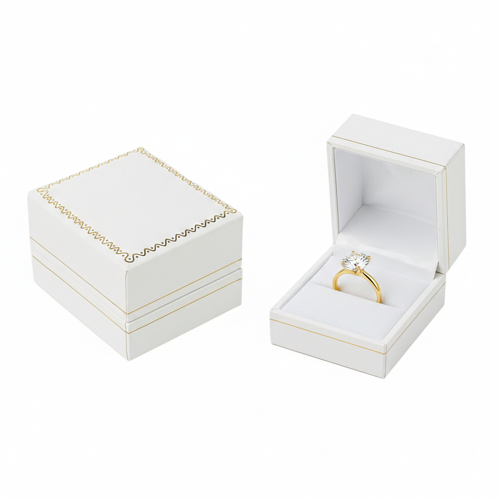 white leatherette ring box. Box for Britain