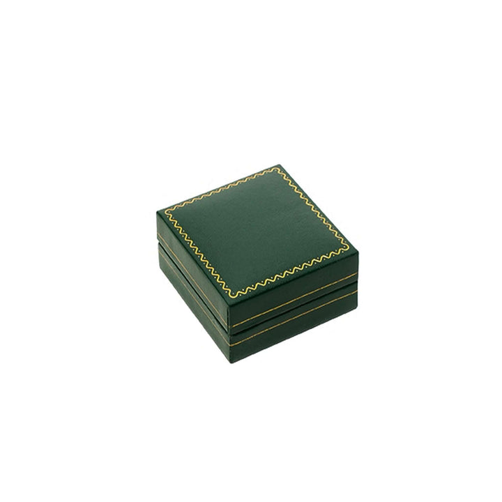 green leatherette pendant box with gold foil detailing and satin lining for gifting.