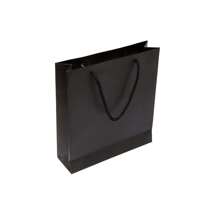 Large black paper gift bags with sturdy rope handles and reinforced base for gifts or retail use.