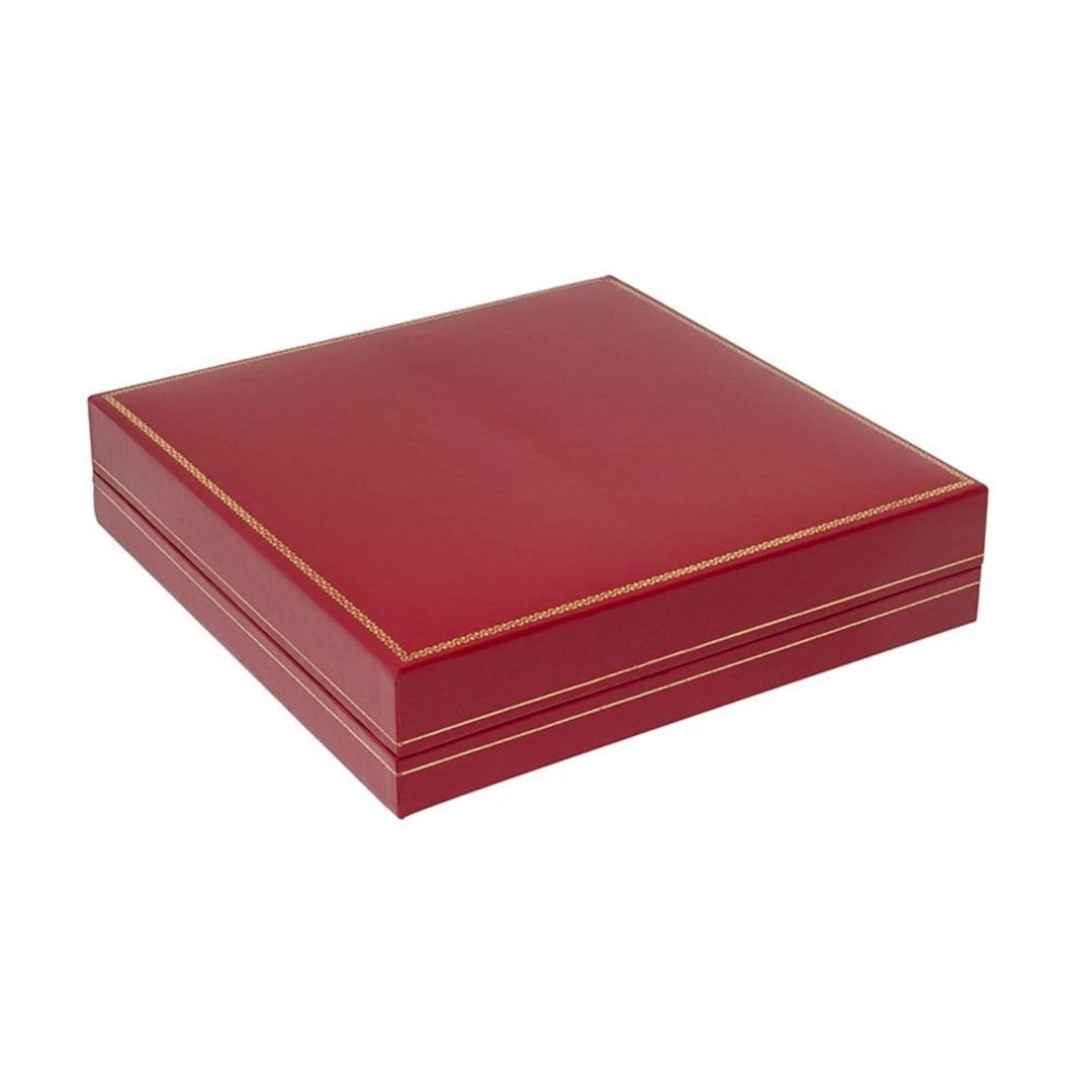 Large red leatherette box with gold foil detailing and a sleek design.