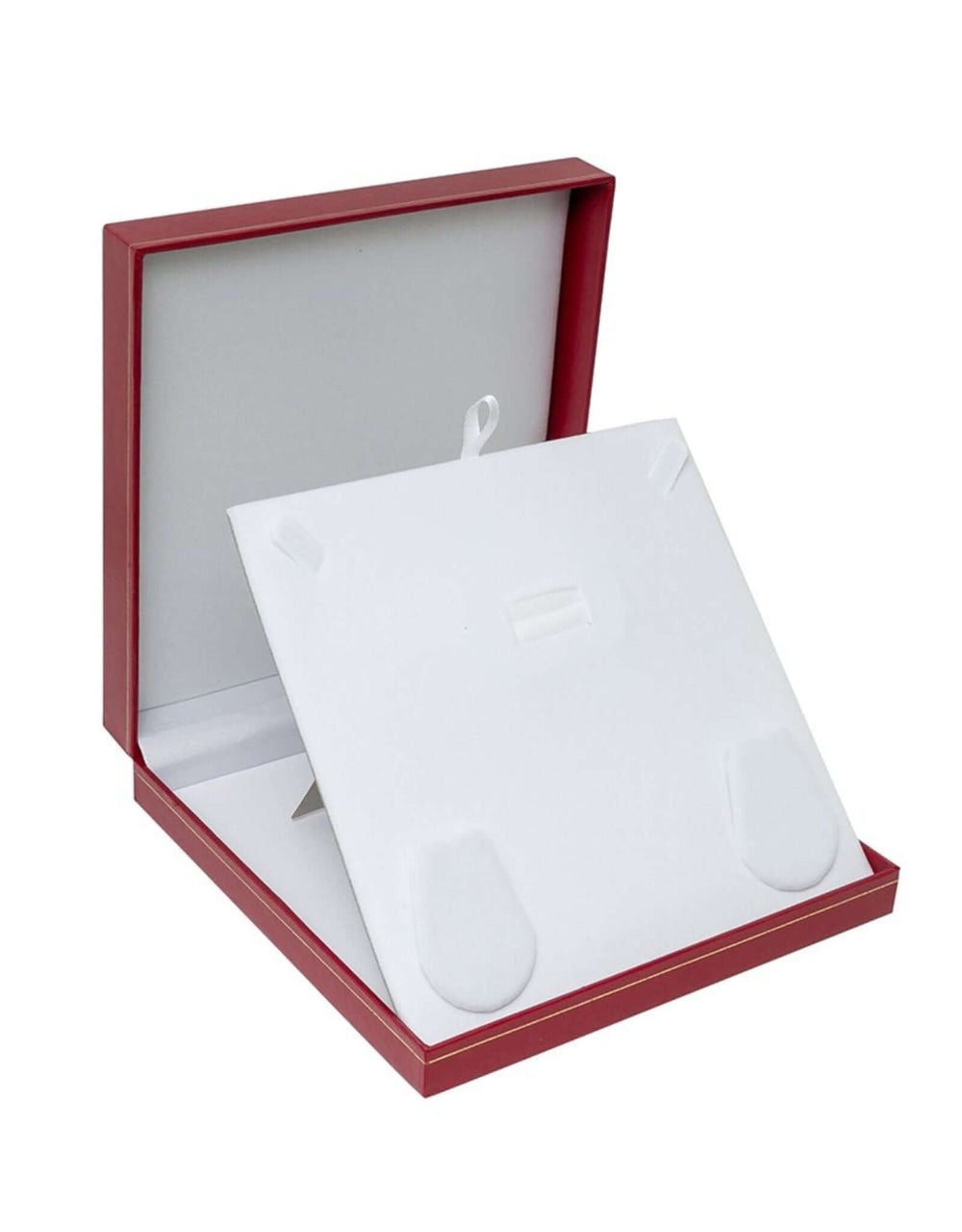 Large red leatherette box with satin lined lid and velvet insert showcased open.