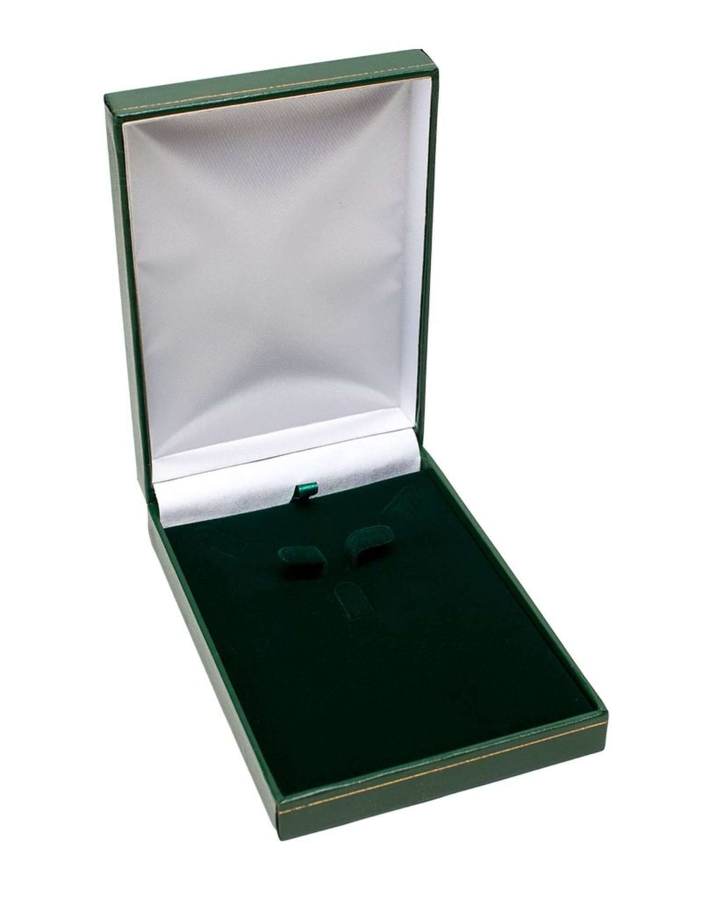 Leatherette Set Box Medium Green, open, with white satin lid and green velvet insert