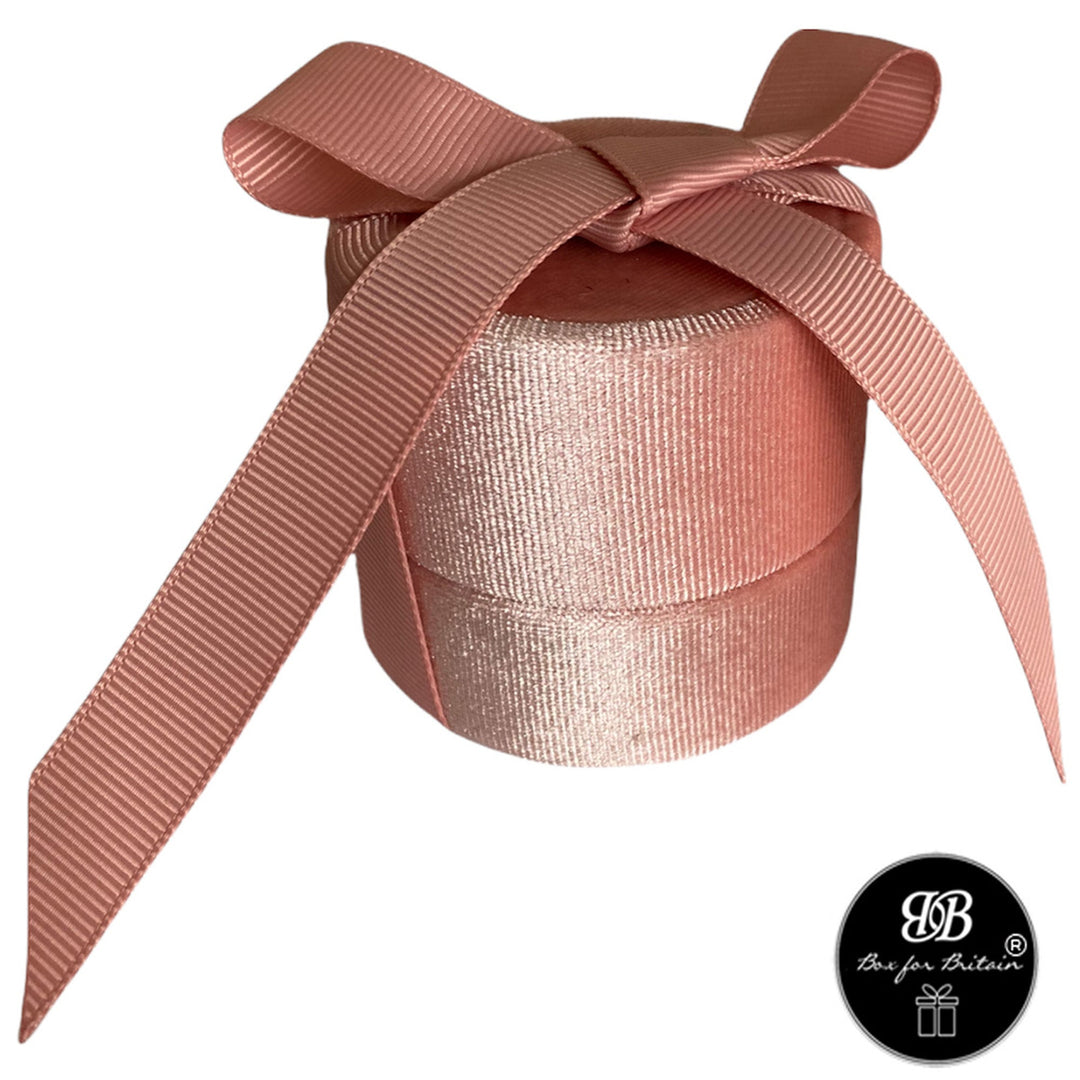 Luxury Plush Round Velvet Ring Box with Ribbon Pink - BOX FOR BRITAIN