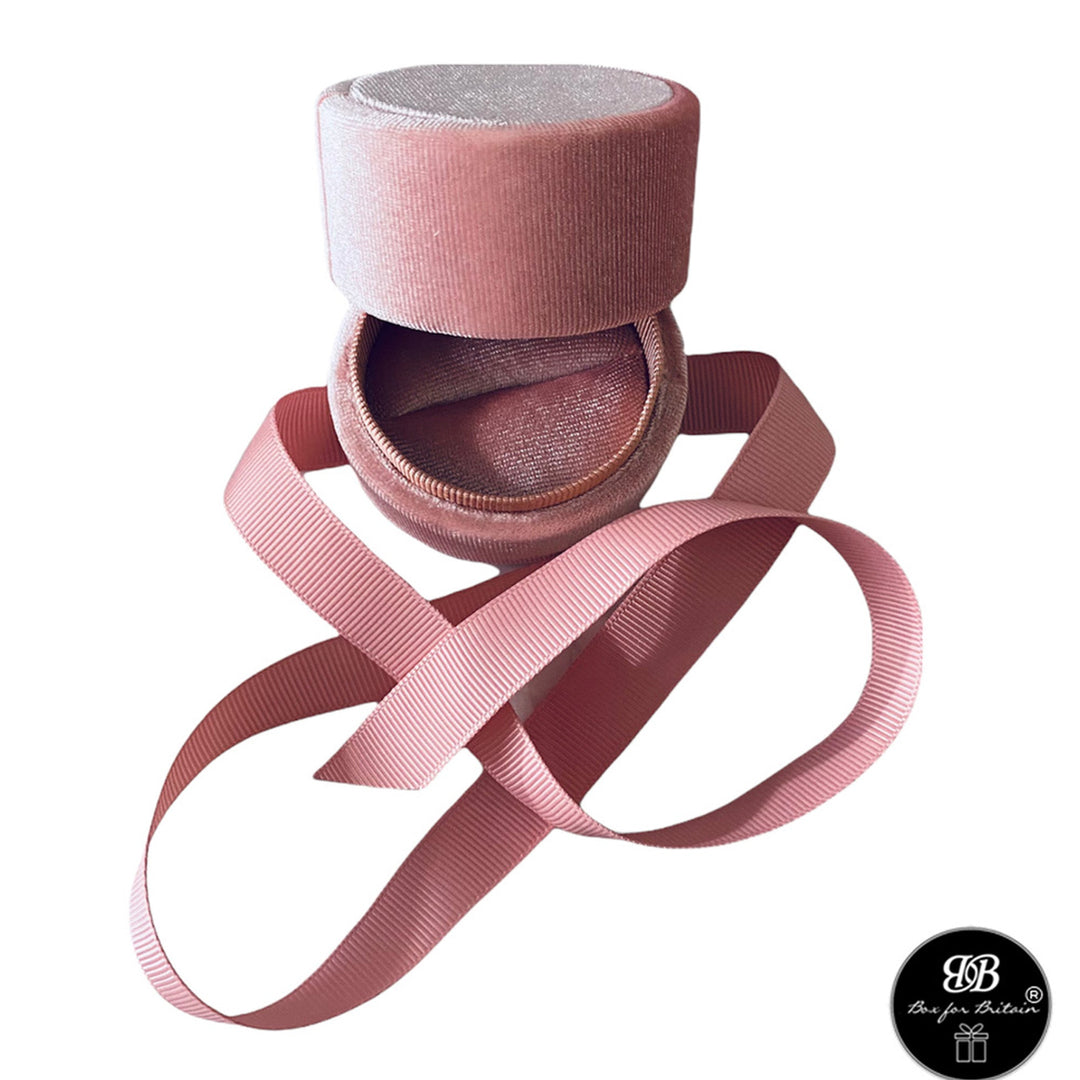 Luxury Plush Round Velvet Ring Box with Ribbon Pink - BOX FOR BRITAIN