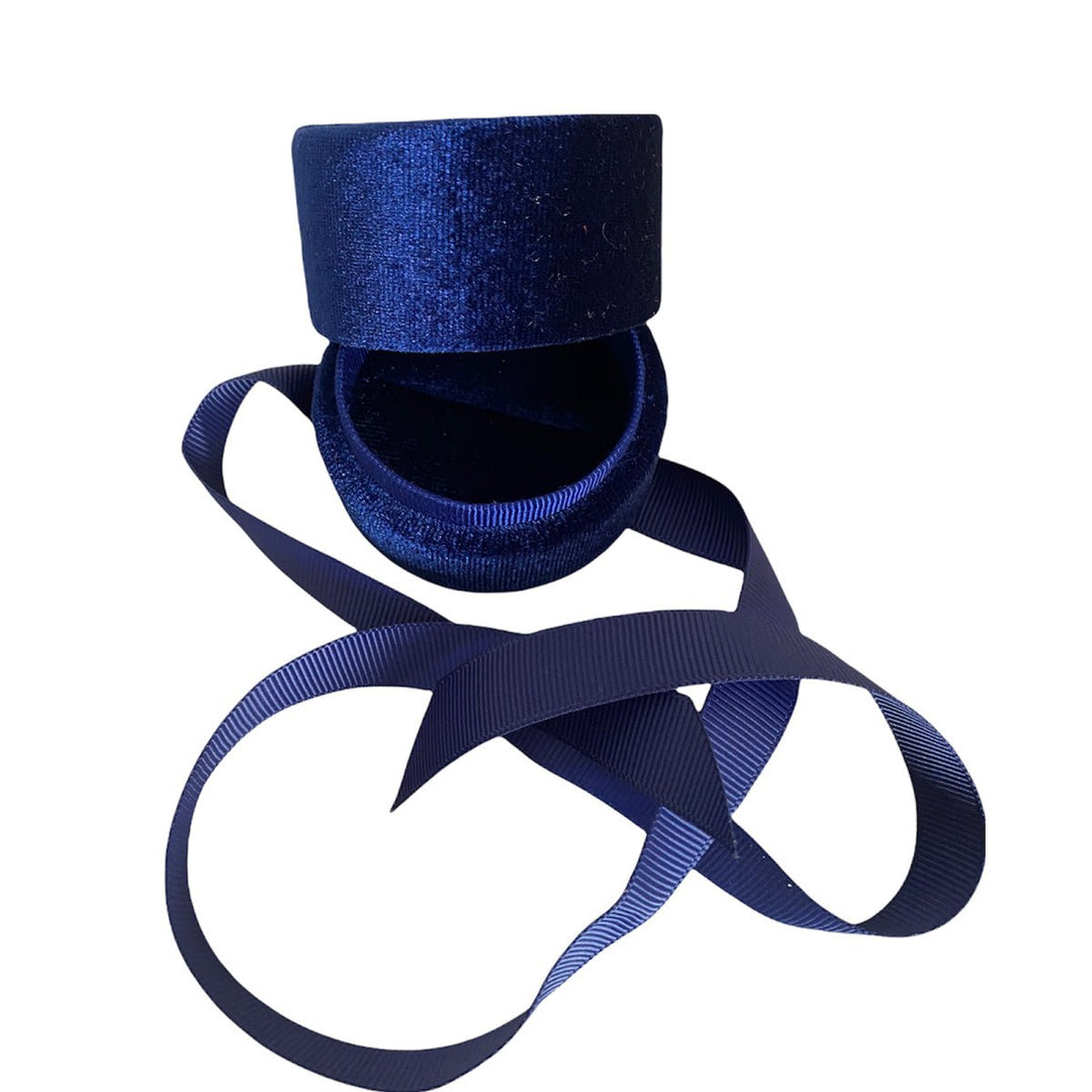Luxury Plush Round Velvet Ring Box with Ribbon Royal Blue - BOX FOR BRITAIN