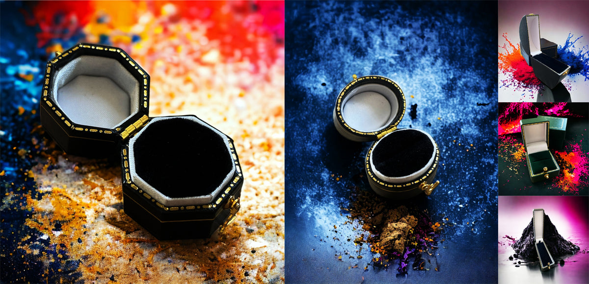 Elegant black and gold jewelry box with vibrant colorful powder backdrop, ideal for showcasing precious items.